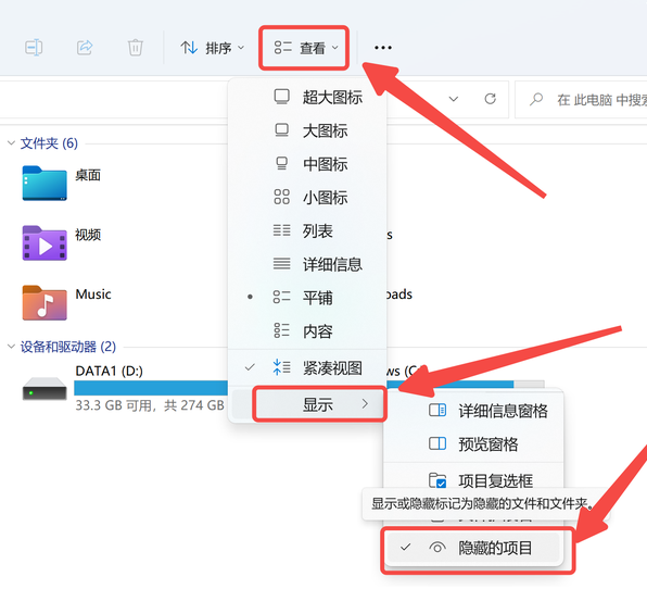 通过文件夹选项显示隐藏文件