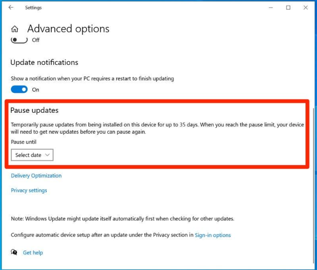 通过 Windows 设置暂停更新