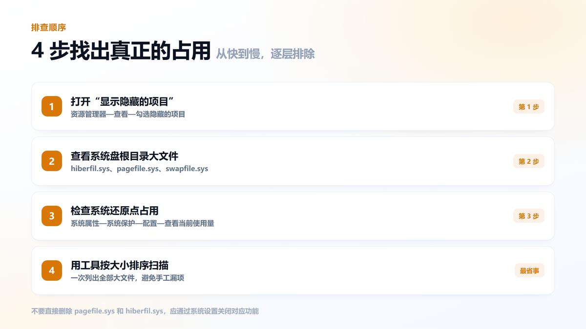 排查C盘大文件的四个步骤 显示隐藏文件到工具扫描