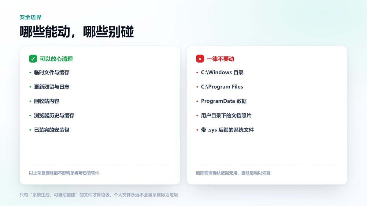 C盘可清理与不可清理目录清单对比
