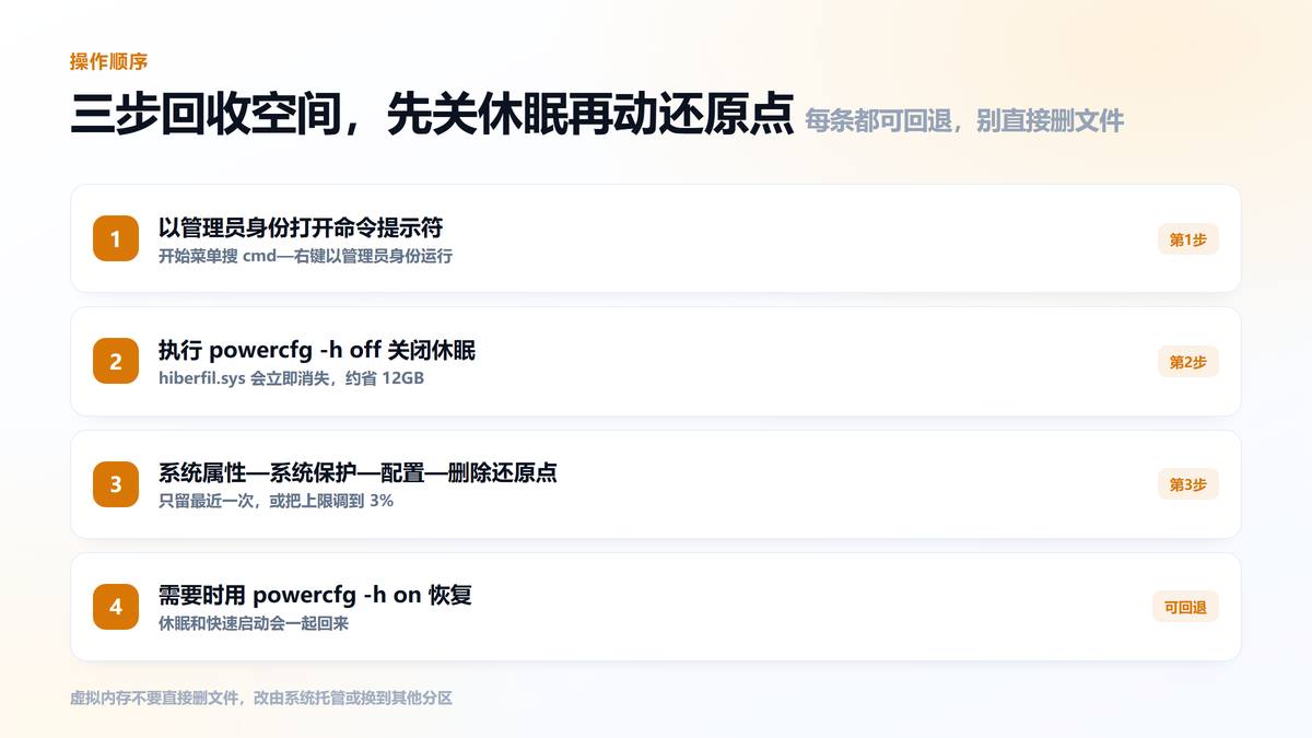 关闭休眠文件与清理还原点的三个步骤图