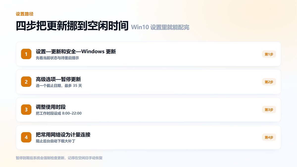 设置暂停更新与使用时段的四个步骤图