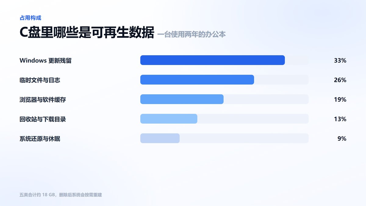 C盘可清理数据构成条形图 Windows更新残留占比最高