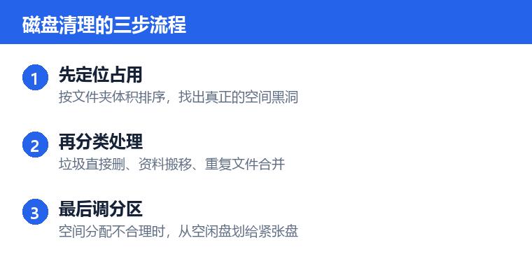 电脑磁盘清理操作步骤示意图：磁盘清理的三步流程