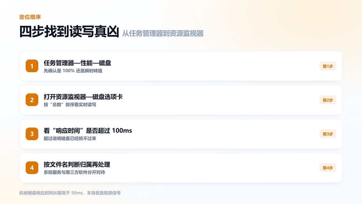 定位磁盘占用100%的四个排查步骤图