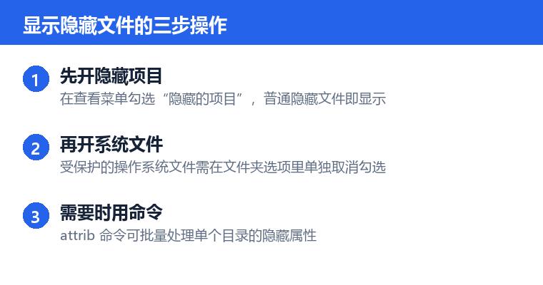 显示隐藏文件操作步骤示意图:显示隐藏文件的三步操作
