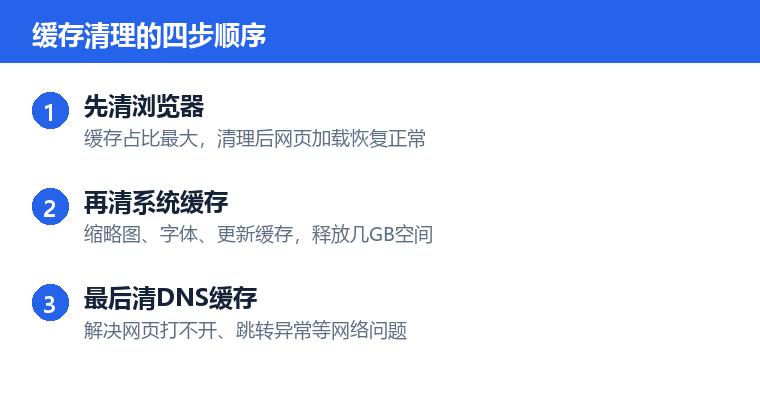 电脑缓存清理操作步骤示意图:缓存清理的四步顺序