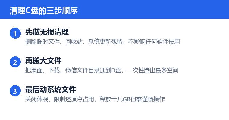 清理C盘操作步骤示意图：清理C盘的三步顺序