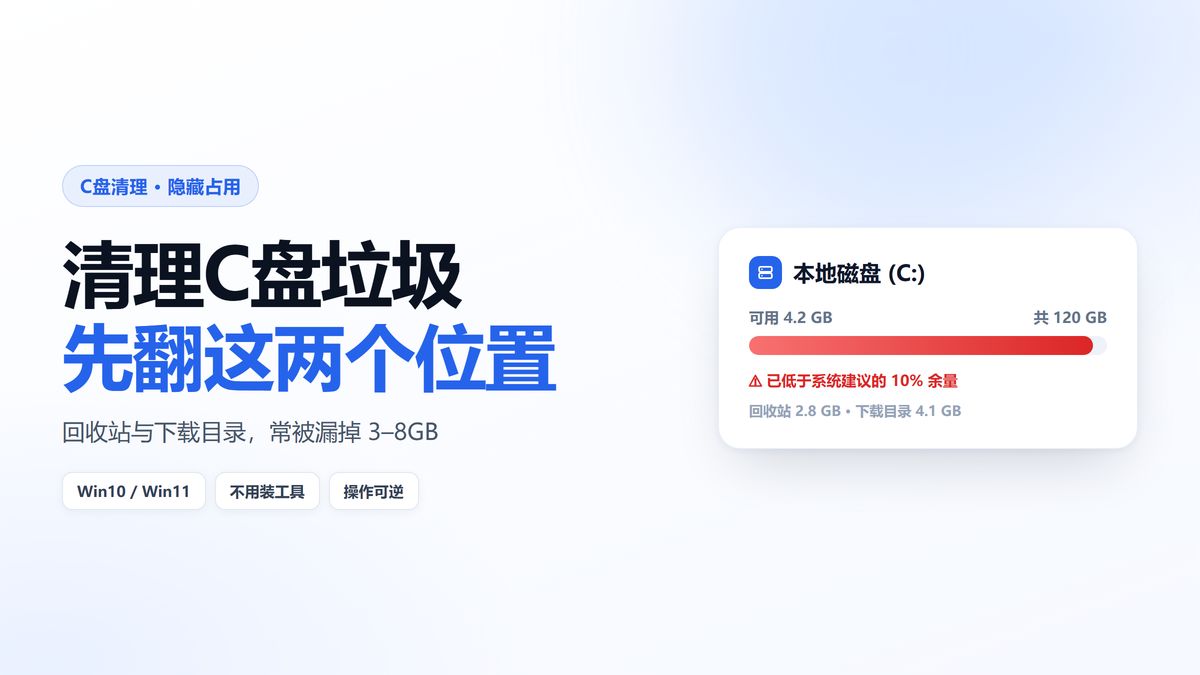 C盘可用空间只剩4.2GB的磁盘示意图 标注回收站与下载目录占用